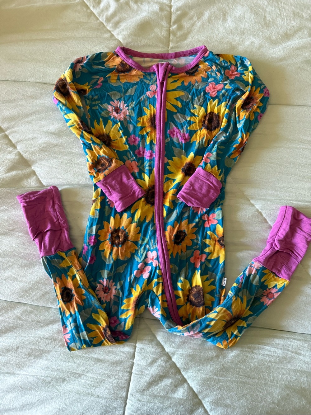 Little Sleepies Teal Floral Sunflower Pajama One-Piece with Pink Trim